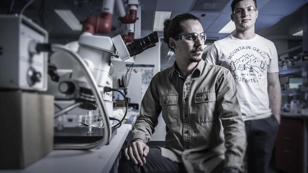 An image of two researchers in the UOW Bioprint Lab